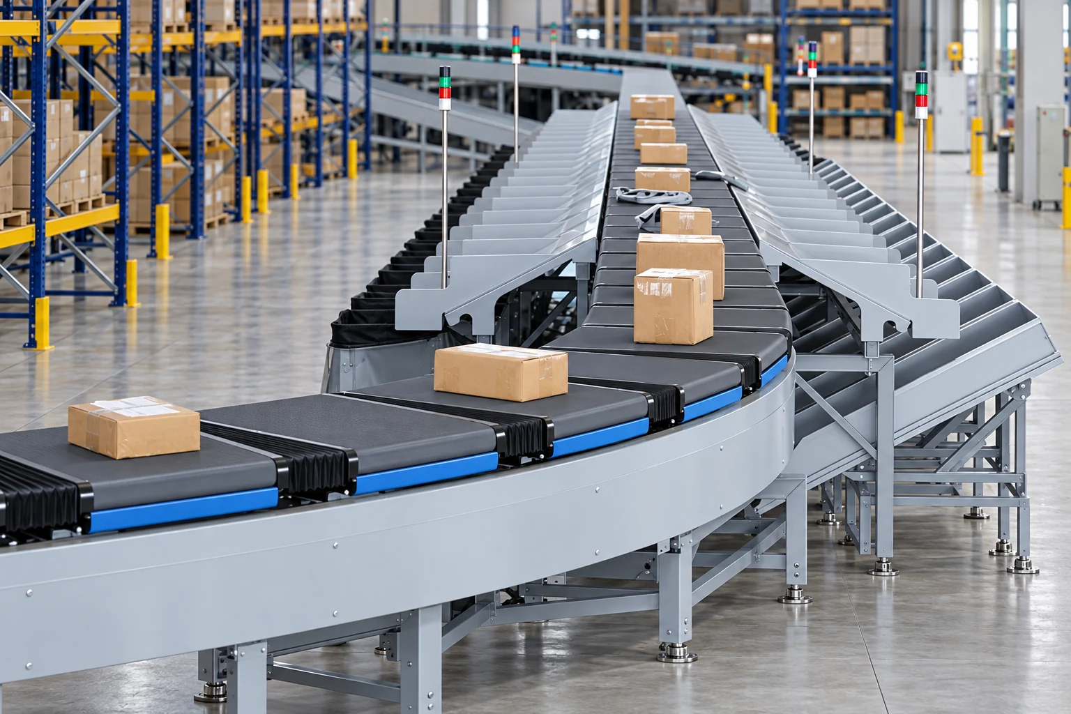 Enine bantlı taşıyıcılar ve yan çıkış kanalları bulunan Cross Belt Sorter sistemi